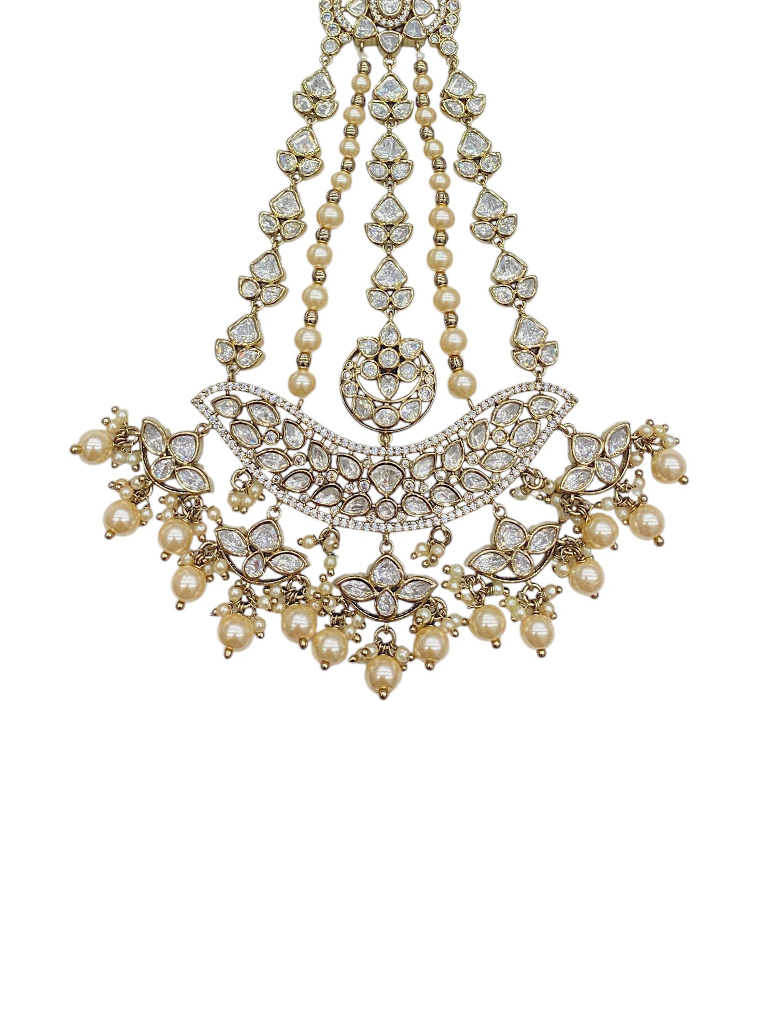 SIRINI Mehendi-Plated & White Kundan Pearl Studded & Beaded Jhumar Passa Jewellery thumbnail 3