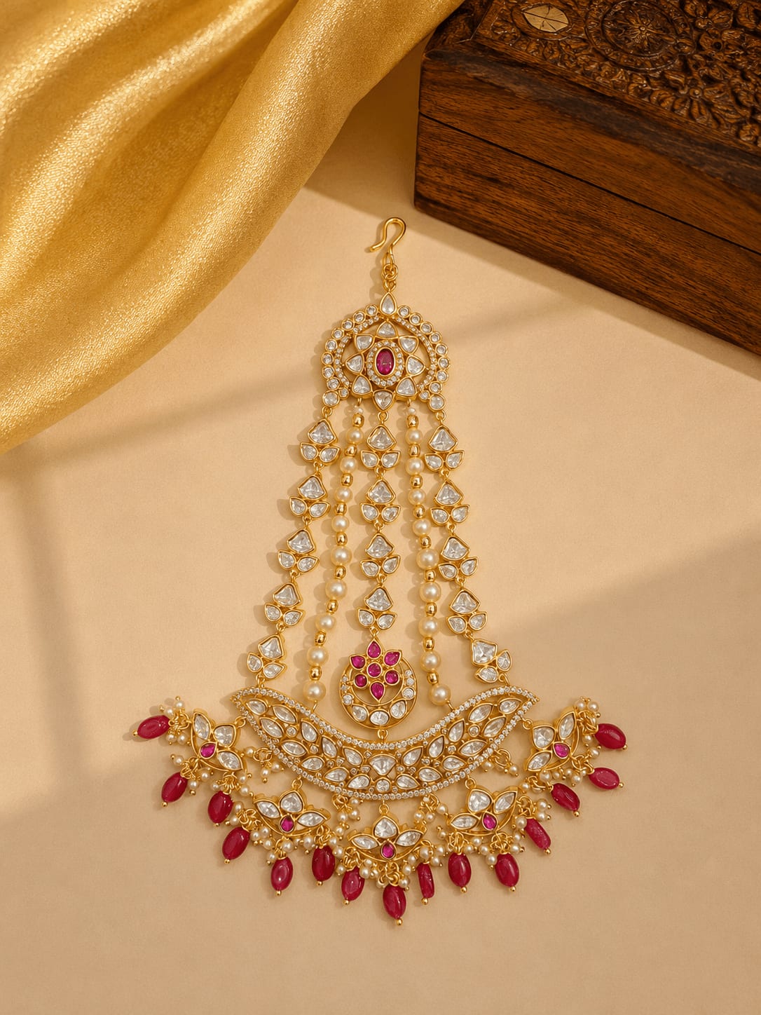 SIRINI Gold-Plated & White Kundan Pearl Studded & Ruby Beaded Jhumar Passa Jewellery — main view | Sirini Jewellery