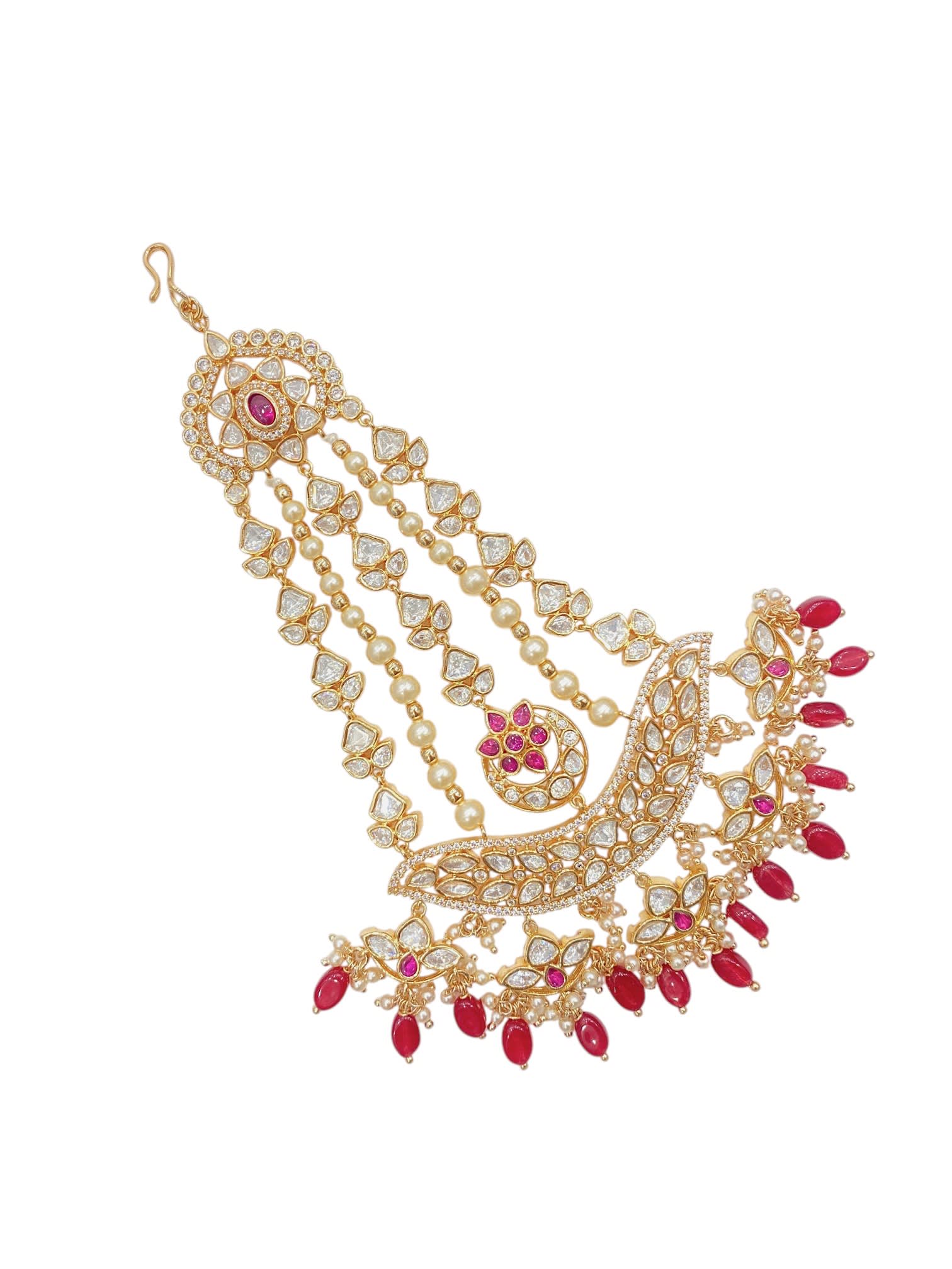 SIRINI Gold-Plated & White Kundan Pearl Studded & Ruby Beaded Jhumar Passa Jewellery thumbnail 2