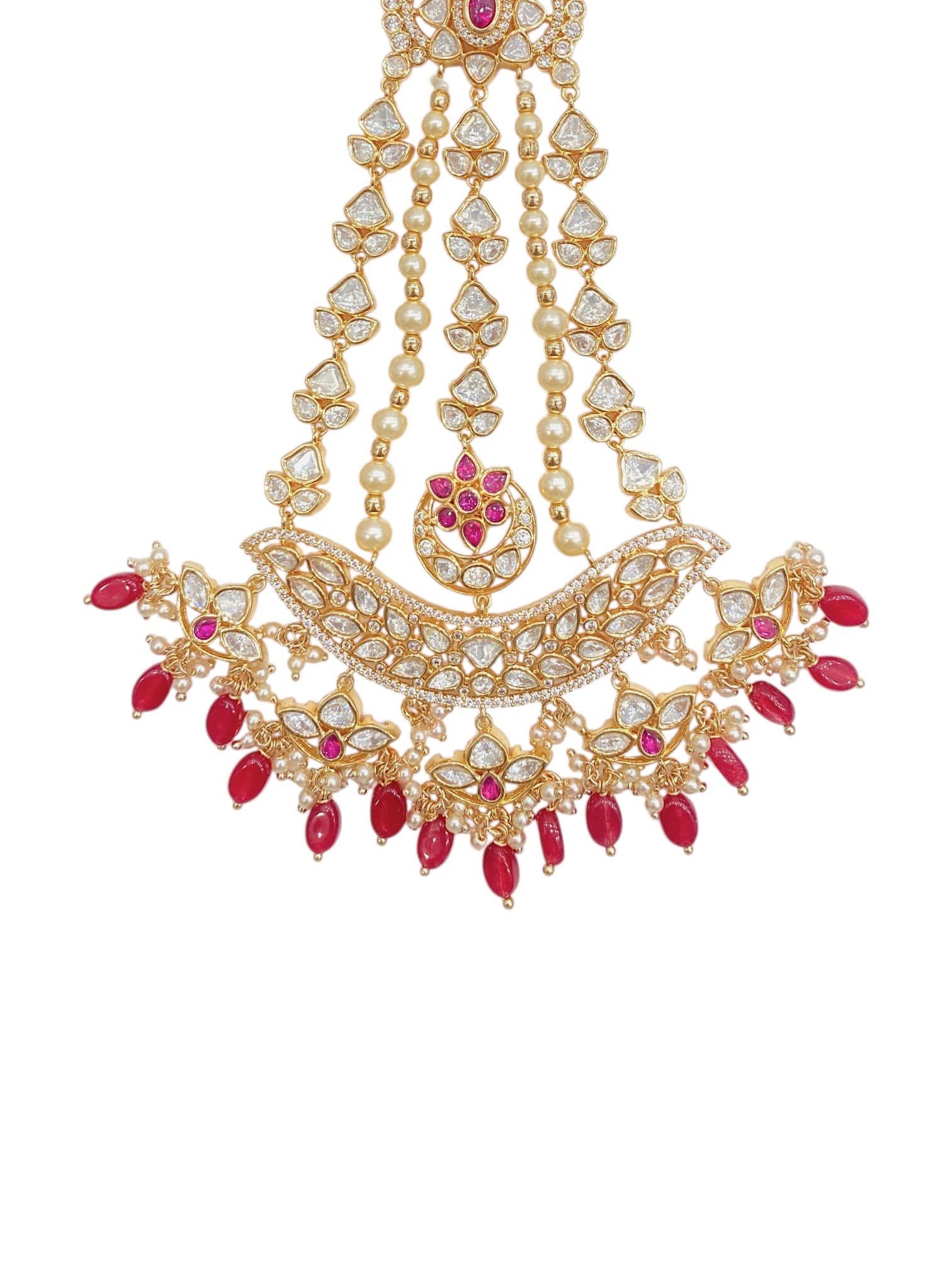 SIRINI Gold-Plated & White Kundan Pearl Studded & Ruby Beaded Jhumar Passa Jewellery thumbnail 3