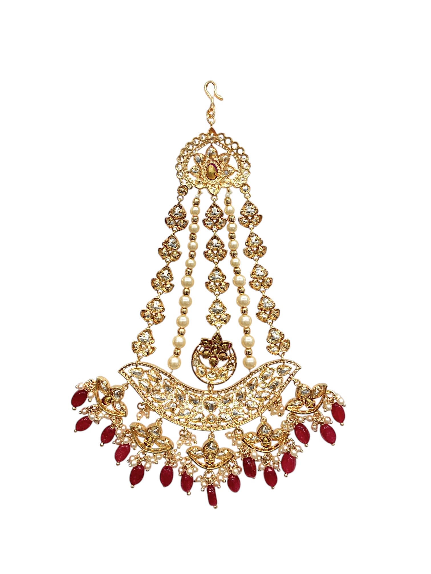 SIRINI Gold-Plated & White Kundan Pearl Studded & Ruby Beaded Jhumar Passa Jewellery thumbnail 4