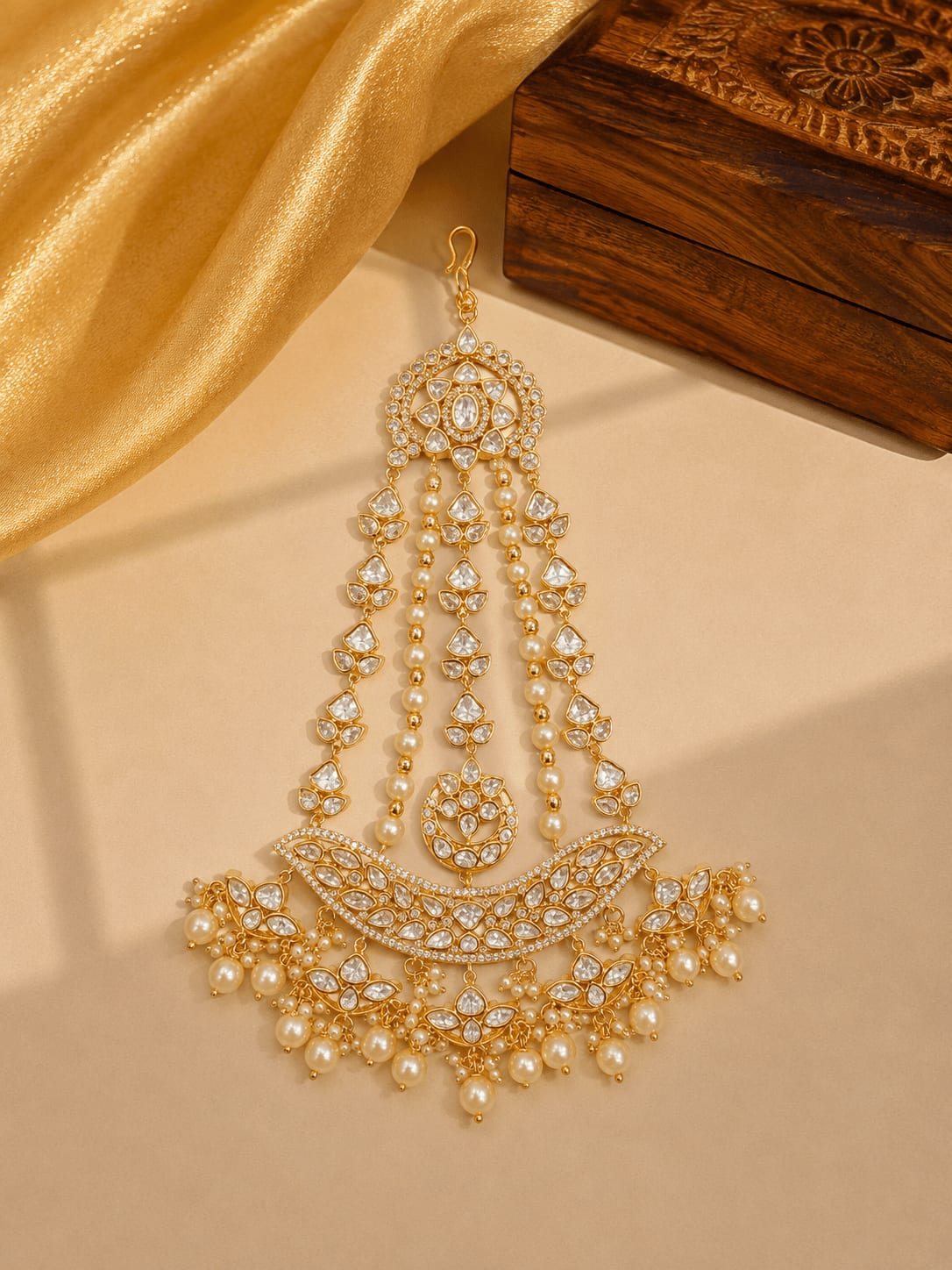 SIRINI Gold-Plated & White Kundan Pearl Studded & Beaded Jhumar Passa Jewellery — main view | Sirini Jewellery