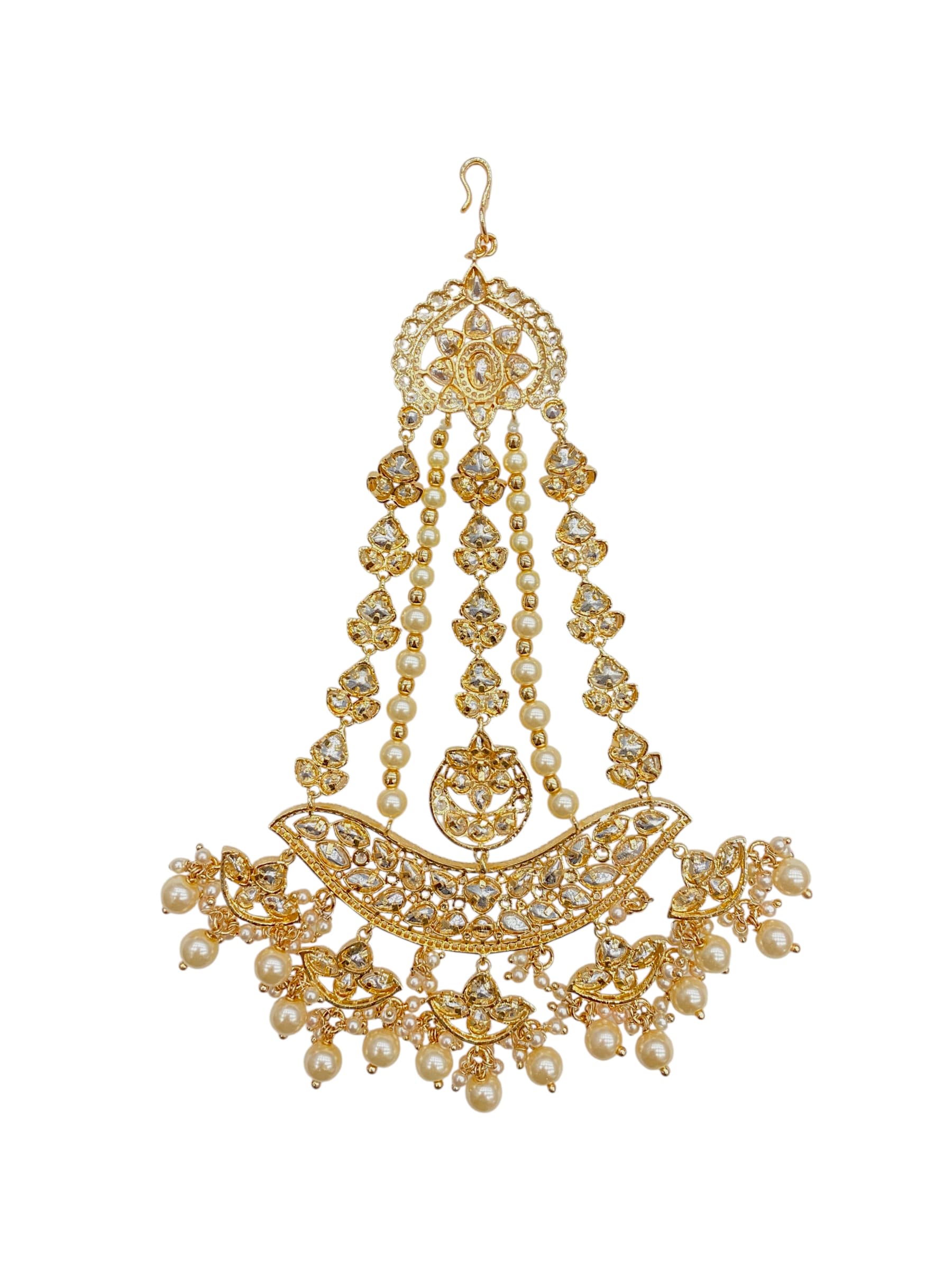 SIRINI Gold-Plated & White Kundan Pearl Studded & Beaded Jhumar Passa Jewellery thumbnail 4