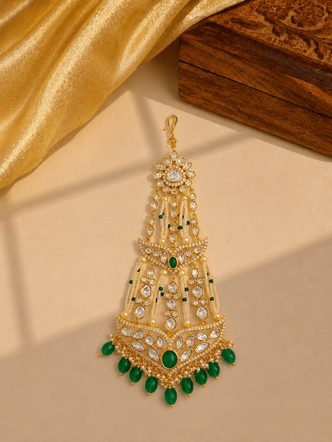 SIRINI Carat Gold Polish Polki Kundan With Green Beads Bridal Passa — main view | Sirini Jewellery