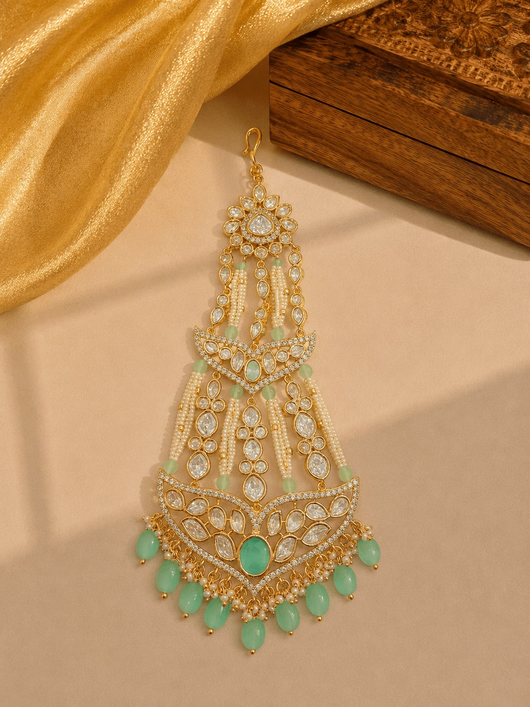 SIRINI Carat Gold Polish Polki Kundan With Mint Beads Bridal Passa — main view | Sirini Jewellery