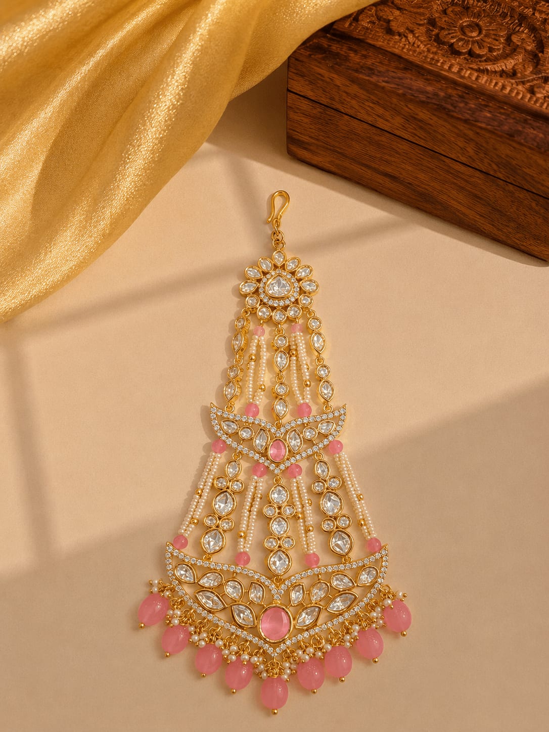 SIRINI Carat Gold Polish Polki Kundan With Pink Beads Bridal Passa — main view | Sirini Jewellery