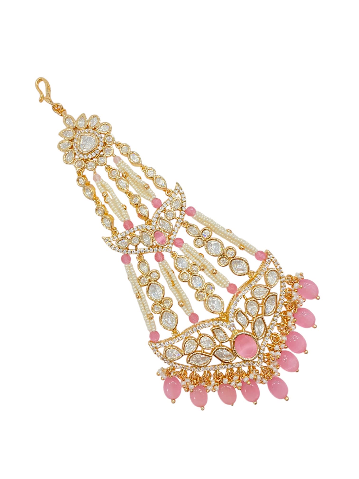 SIRINI Carat Gold Polish Polki Kundan With Pink Beads Bridal Passa thumbnail 2