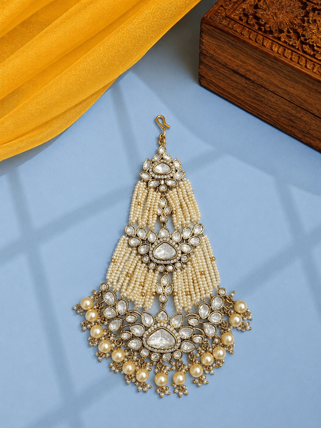 Sirini Pearl Cascade Kundan Passa – Mehendi Polish — main view | Sirini Jewellery