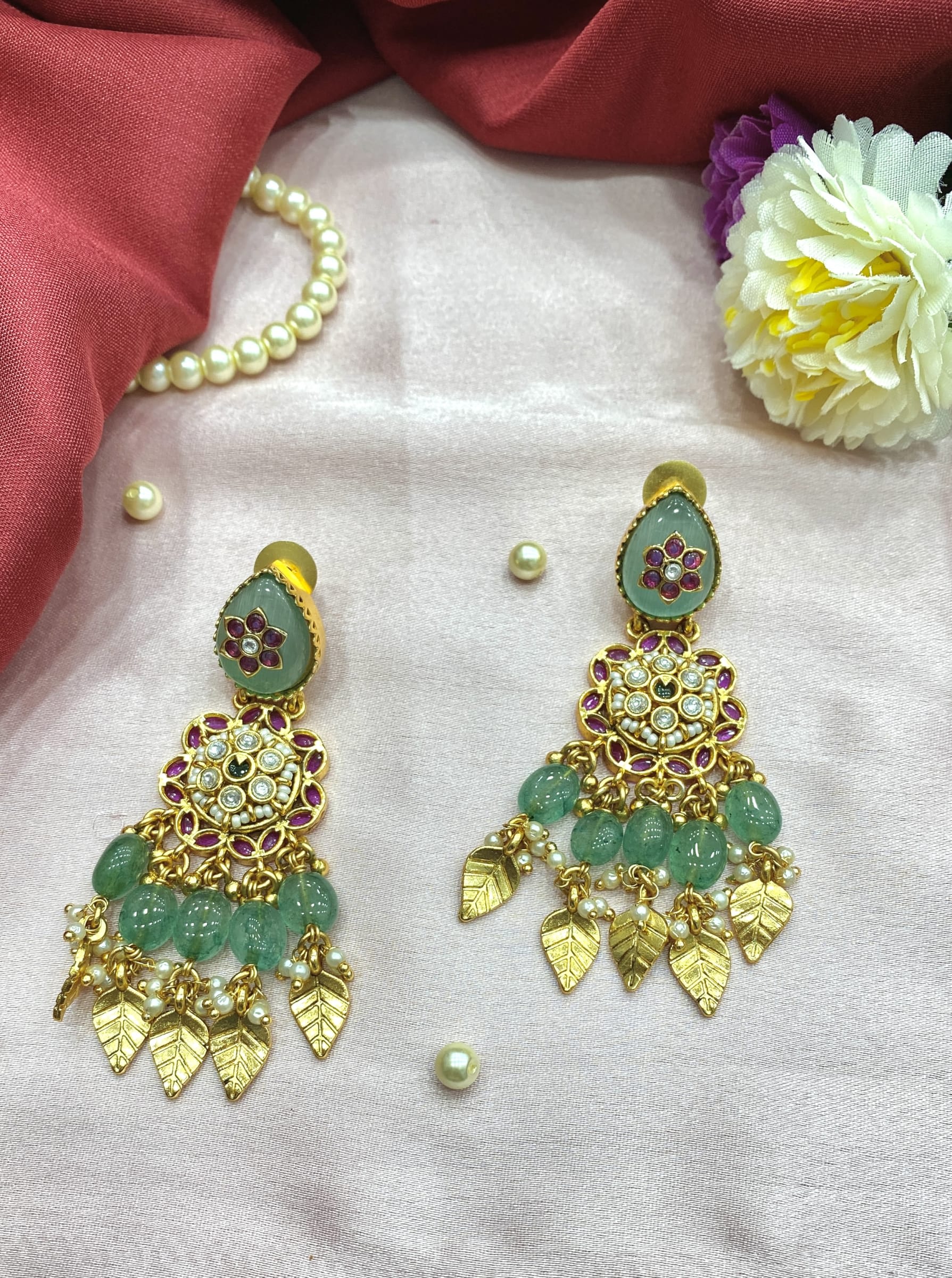Bridal Antique Gold Chandelier Earrings — handcrafted earrings by Sirini Jewellery - back view