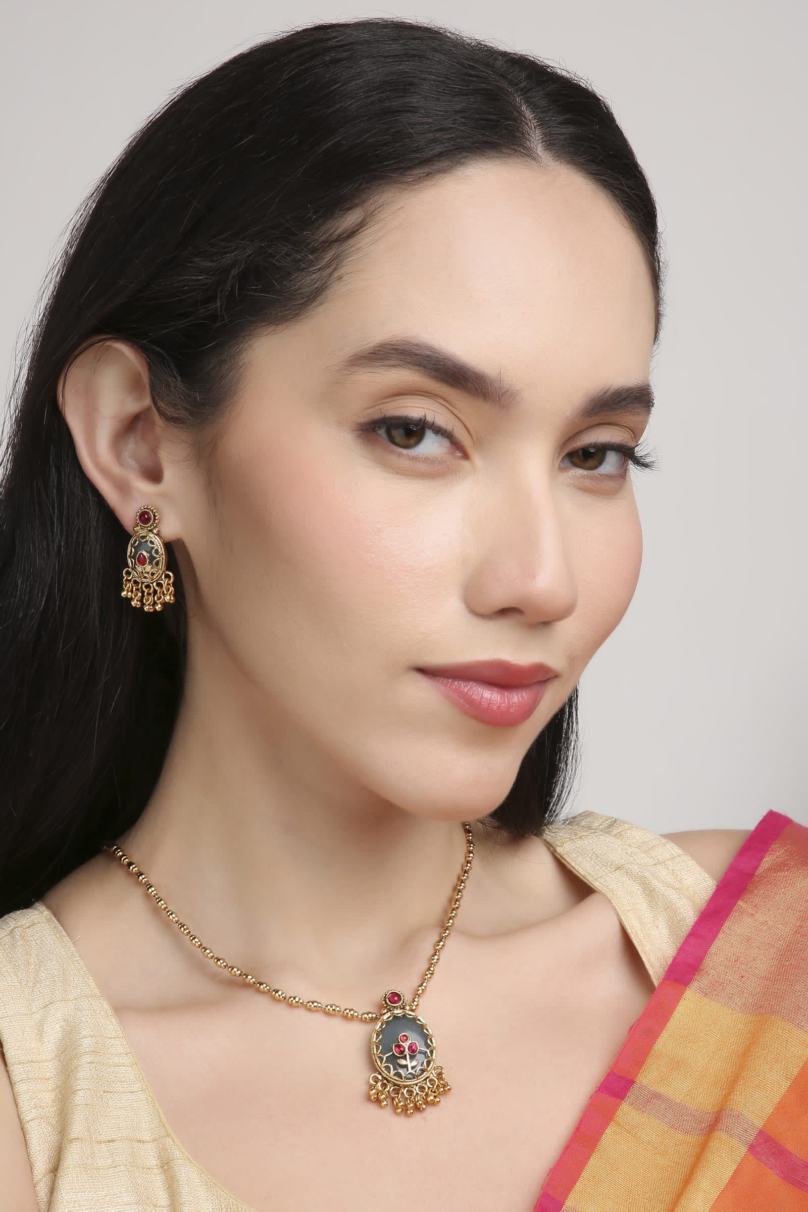Navratri Brass Kundan Long Set thumbnail 5