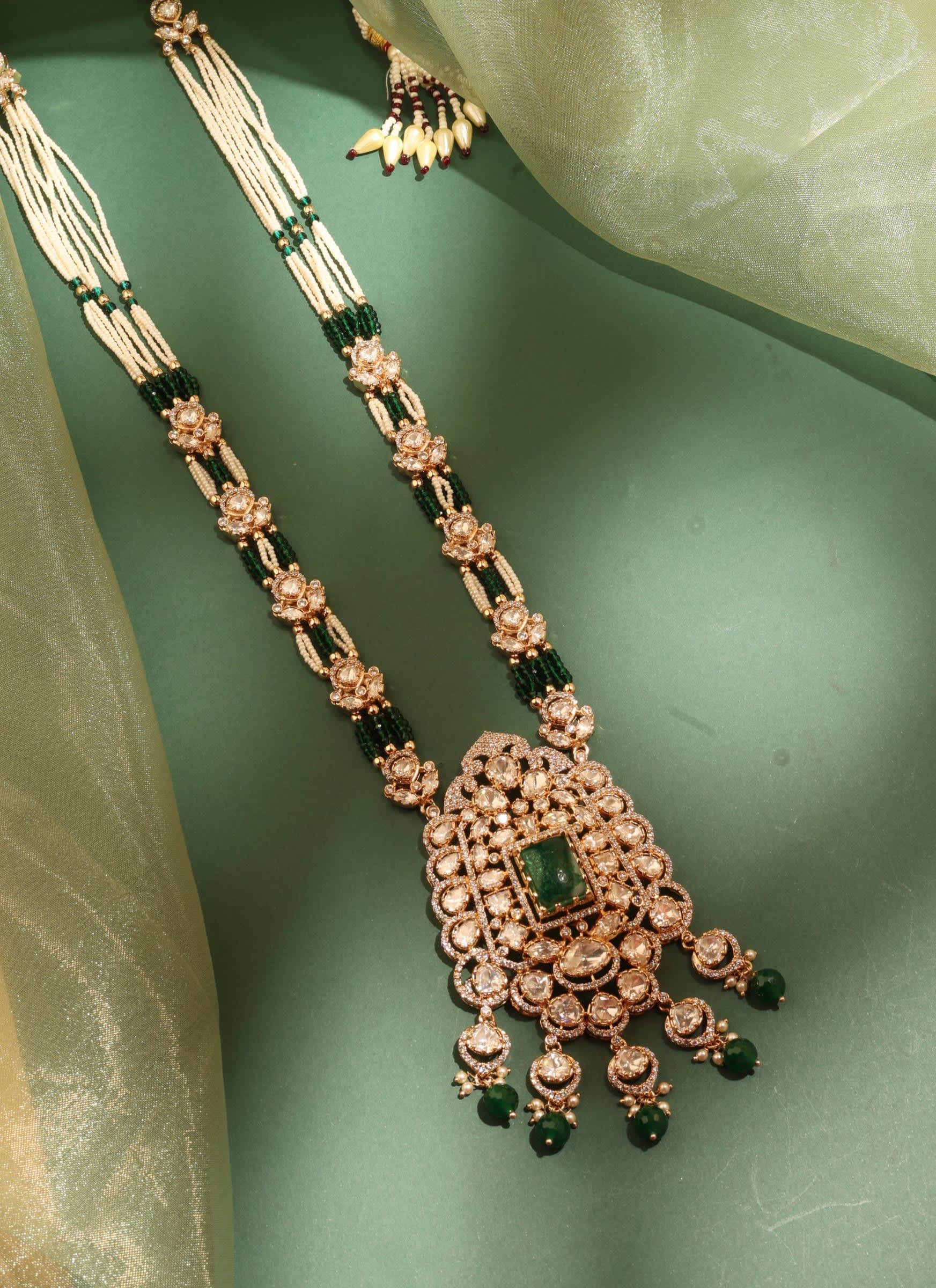 Bridal Kundan Long Haar – Green — handcrafted long-sets by Sirini Jewellery - back view