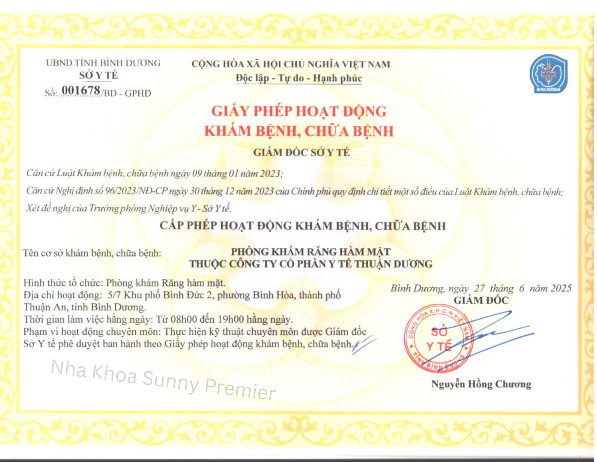 Nha khoa Sunny Premier chính thức được cấp Giấy phép hoạt động