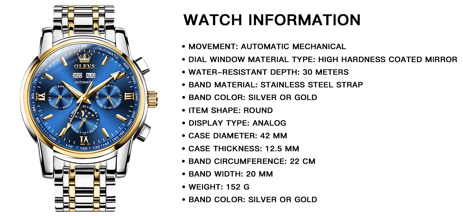 OLEVS Wristwatch for Men Automatic Mechanical Blue Adult Male 6633A ...