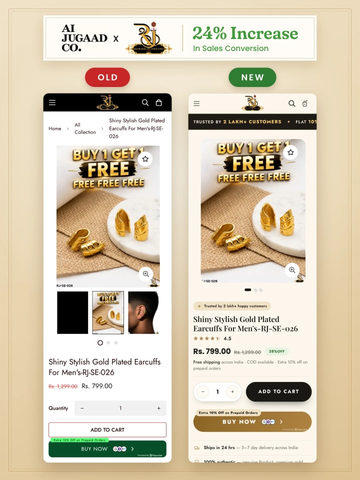 Before and after of the product page