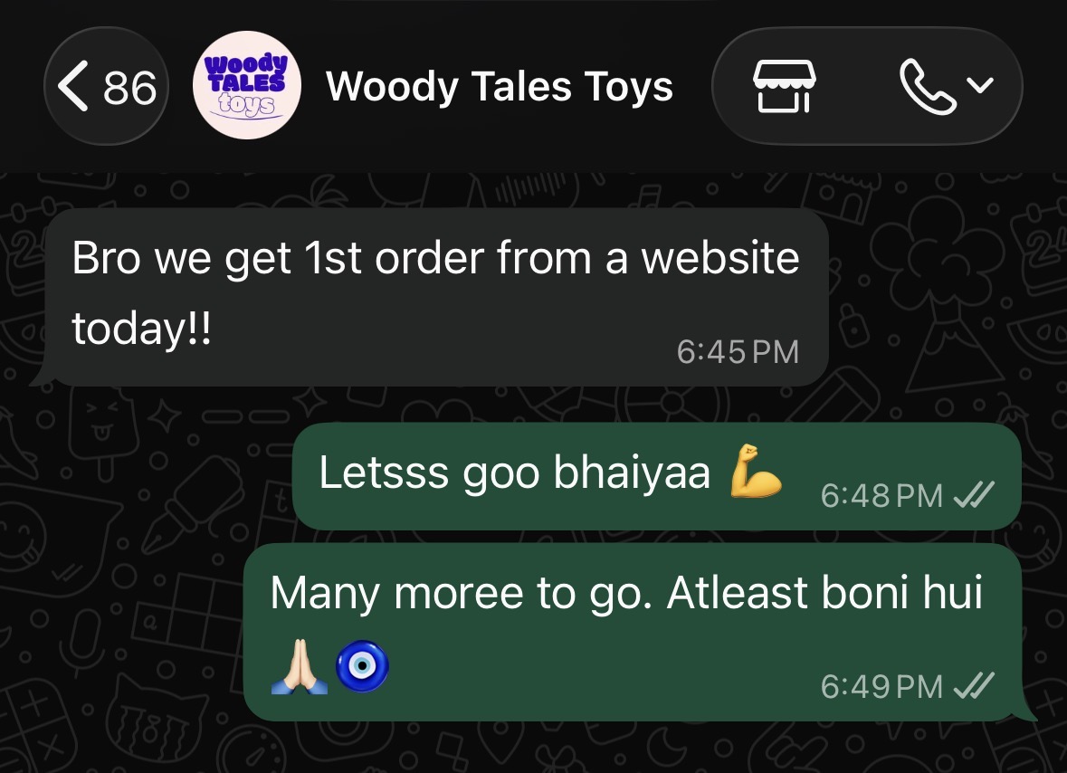 WhatsApp message from WOODY TALES