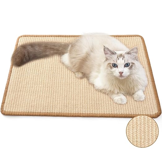 FUKUMARU Cat Scratcher Mat, 23.6 X 15.7 Inch Natural Sisal Cat Scratch Mats, Horizontal Cat Floor Scratching Pad Rug with Sticky Tapes, Protect Sofa and Carpet (Beige-23.6 x 15.7 Inch)