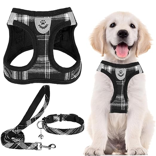 PUPTECK Adjustable No-Pull Dog Harness, Collar and Leash Set for Small Medium Dogs, Puppies and Cats, Soft Mesh Padded Reflective Chest Strap for Walking and Training (Black, XS (Chest 13"–14.5"))