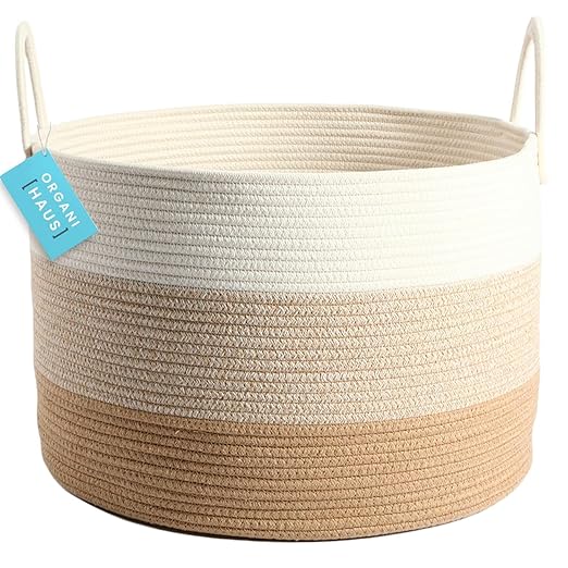 MINTWOOD Extra Large Blanket Basket for Living Room 20x13, Natural Cotton Rope Laundry Basket, Sturdy Hamper for Toy Storage, Cushions & Pillows Storage Bin, Nursery Decor Hamper, (3-toned Honey)