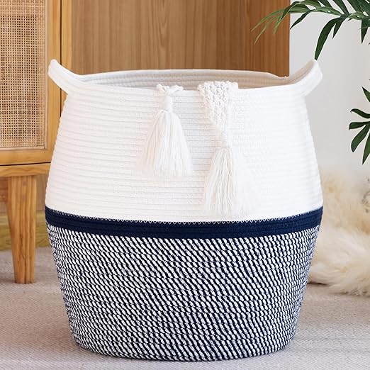 ONOMIE Woven Baskets for Storage(17"x17"), Large Cotton Rope Woven Baby Laundry Hamper, Collapsible Laundry Basket, Blanket Basket for Organizing Living Room, Nursery, Clothes, Toy chest (Navy Blue)