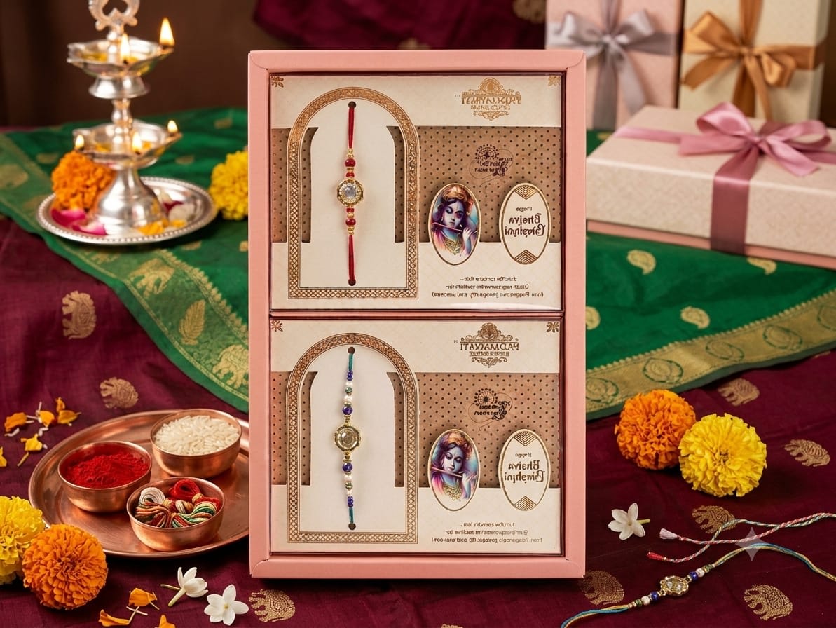 Kundan Rakhi Set of 2 with Krishna Cards