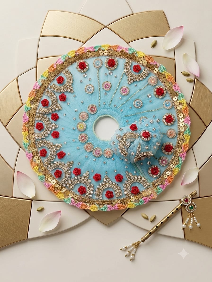 The Gulab Shringar Sky Blue & Rainbow Border Laddu Gopal Poshak Set