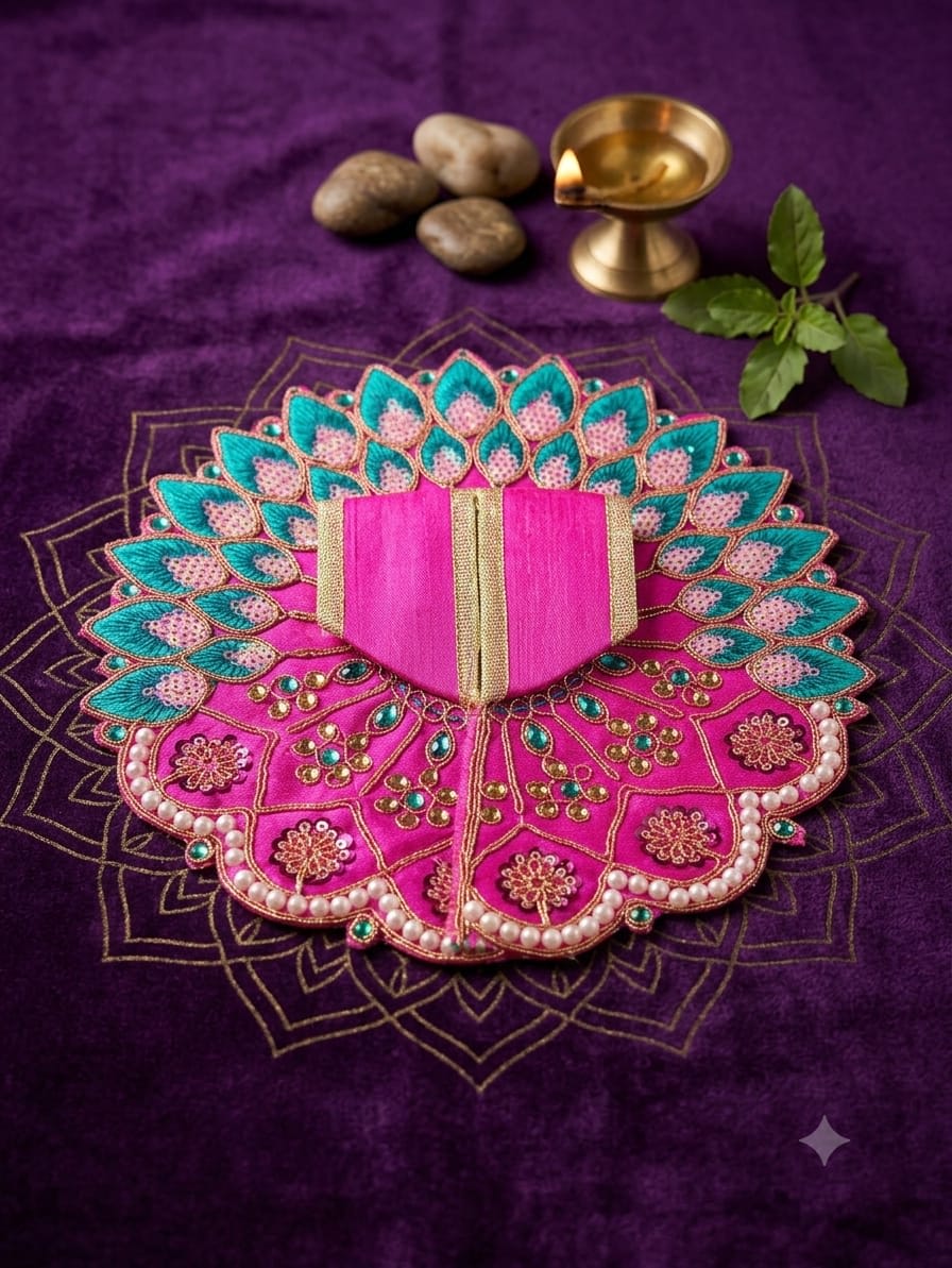 Mayura Rani Pink Kundan & Scalloped Pearl Bal Gopal Single Poshak