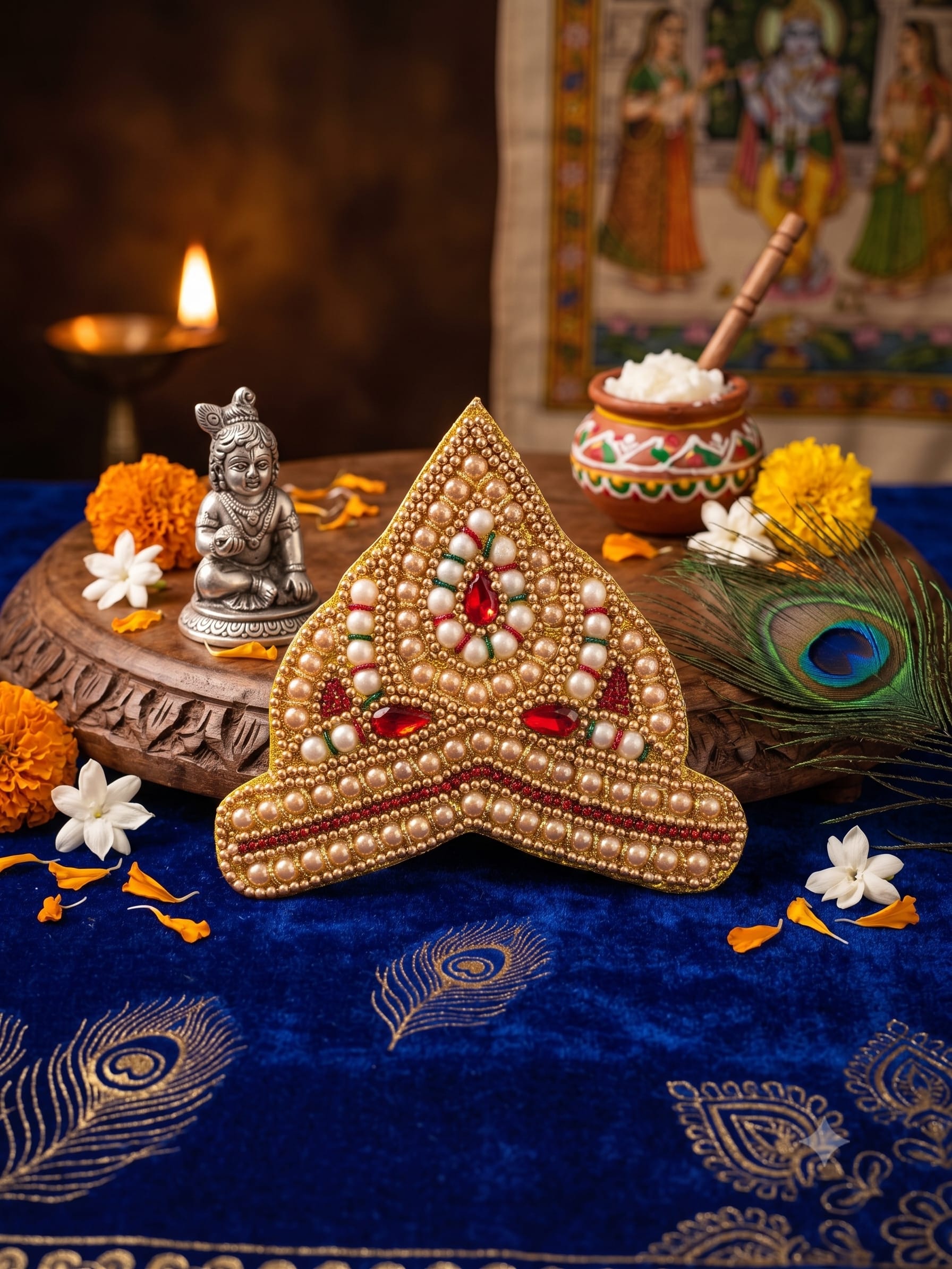 Triangular Gold Bead & Pearl Deity Crown with Ruby Crystal Accents for Bal Gopal