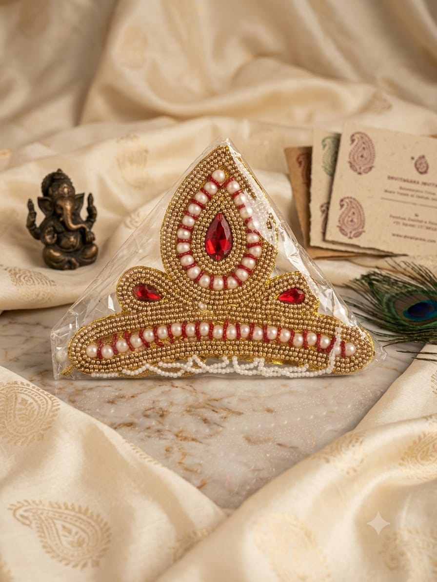 Gold Zardozi & Moti Pearl Arched Deity Crown with Ruby Crystals for Bal Gopal