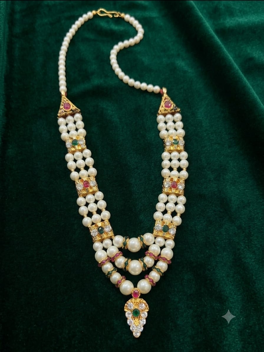 3-Layer Pearl Deity Necklace with Ruby-Emerald Kundan Brooches for Bal Gopal Ji