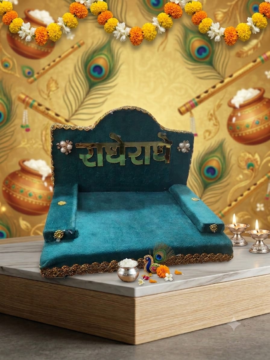 Radhe Radhe Inscribed Velvet Asan Throne for Bal Gopal Ji