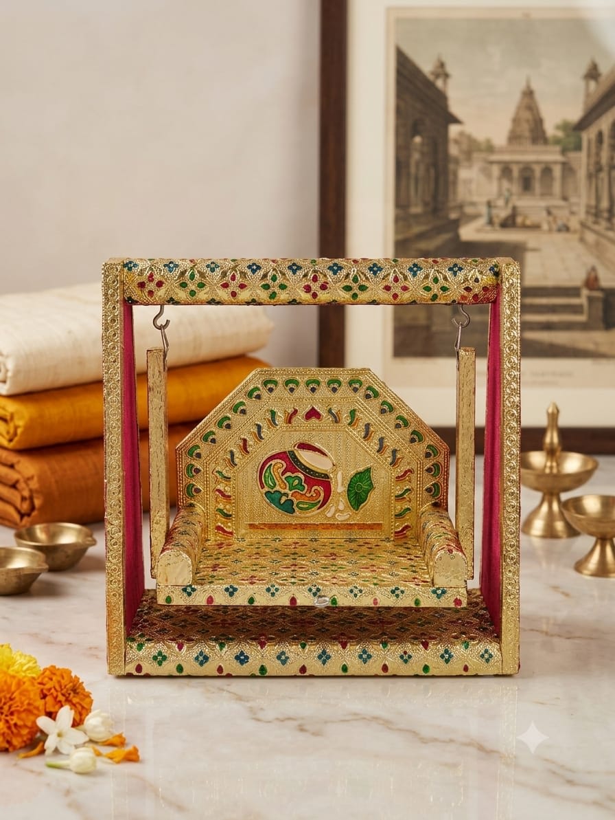 Makhan Handi Gold & Enamel Carved Krishna Palana (Swing)