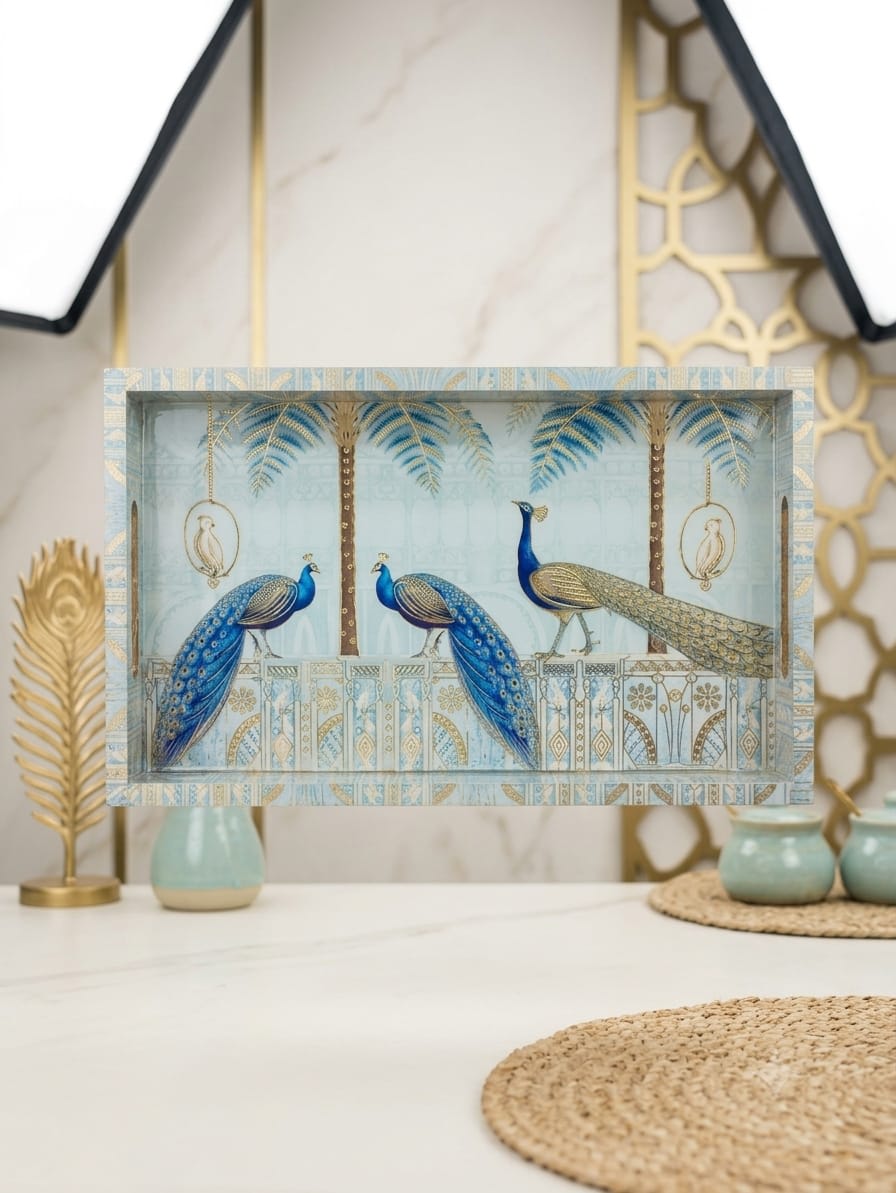 Royal Peacock Jharokha Handcrafted Wooden Serving Tray – Turquoise & Gold