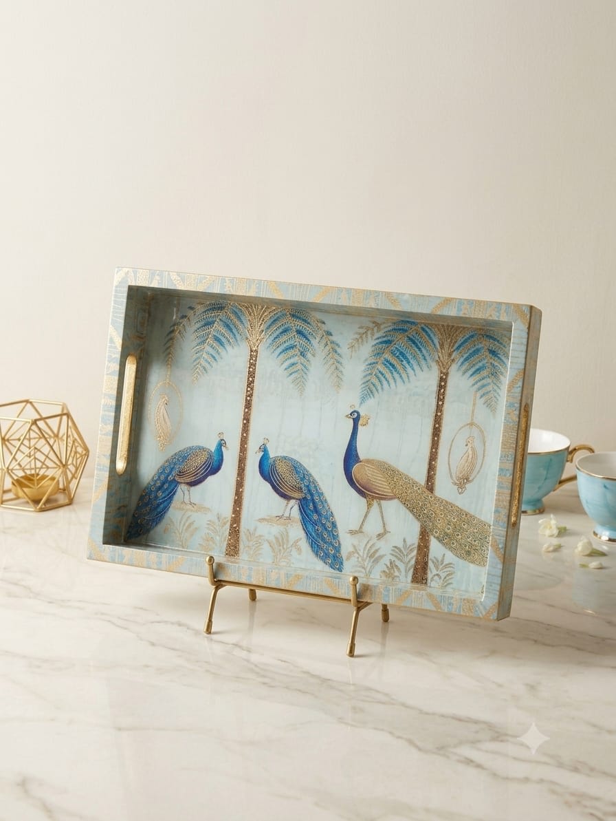 Royal Peacock Jharokha Handcrafted Wooden Serving Tray with Brass Handles – Medium