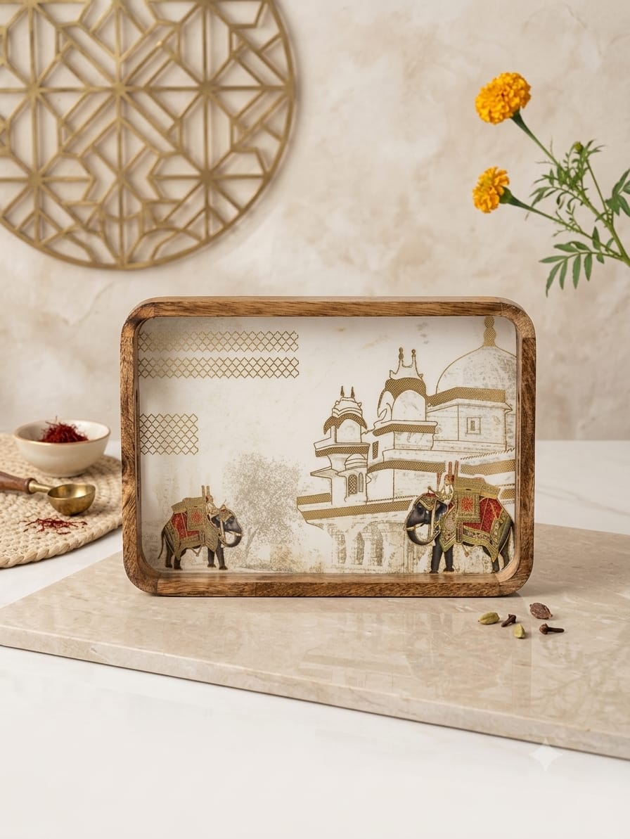 Royal Rajputana Procession Natural Mango Wood Serving Tray – Ivory & Gold