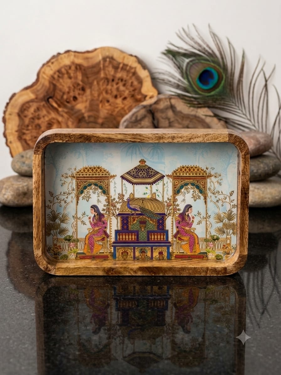 Royal Zenana Jharokha Handcrafted Solid Mango Wood Serving Tray – Small (Natural Wood & Gold)