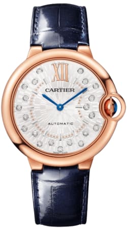 Cartier Ballon Bleu de Cartier Automatic Silver Diamond Dial 18K Rose Gold Blue Leather Strap Women's Watch WGBB0053