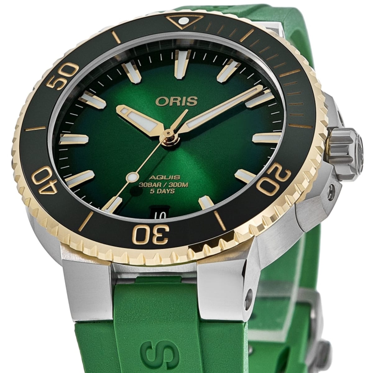 Oris Aquis Date Automatic Green Dial 18K Gold Bezel Steel Men s Watch 01 400 7769 6357 07 4 22 77FC