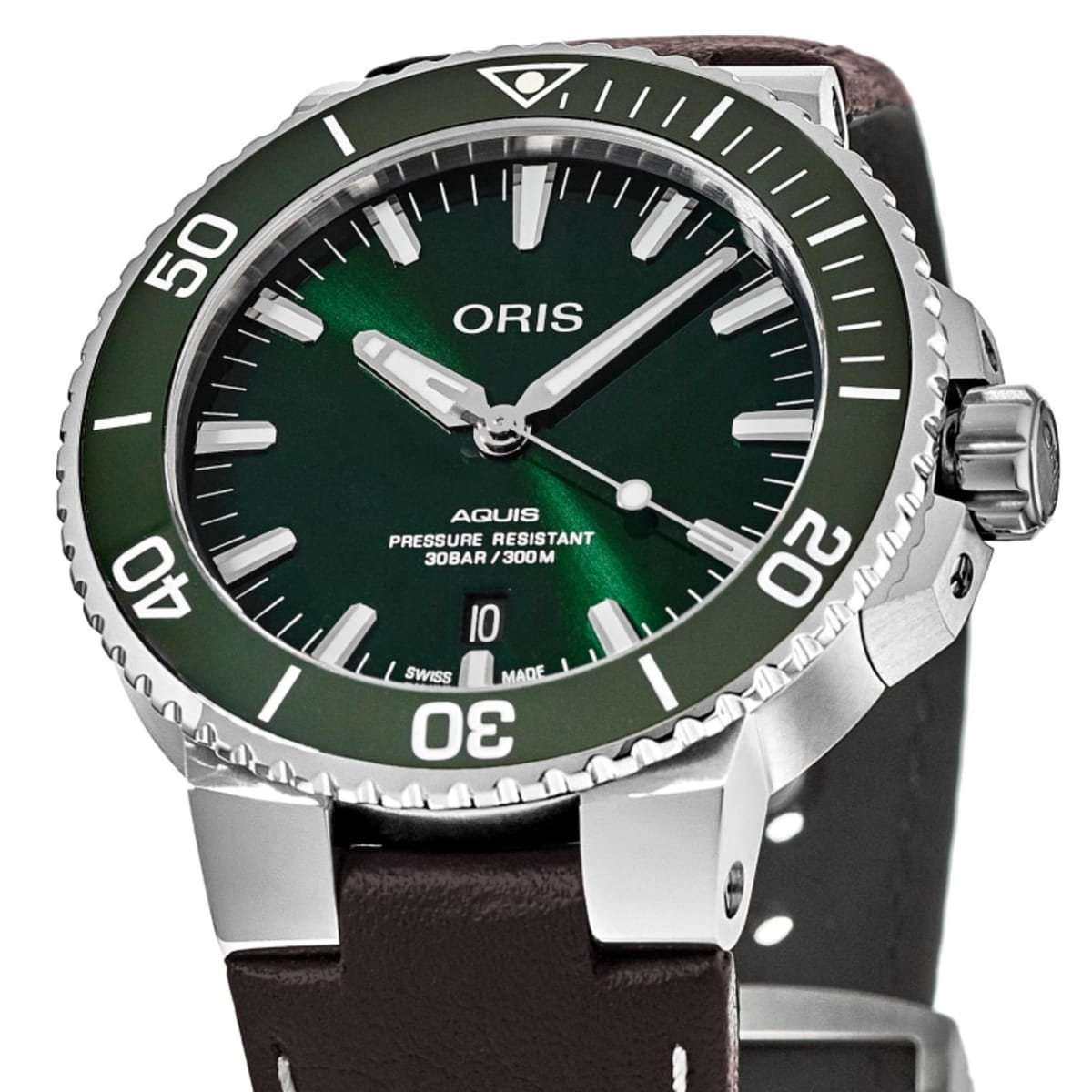 Oris Aquis Date Automatic Green Dial Leather Strap Men's Watch 01