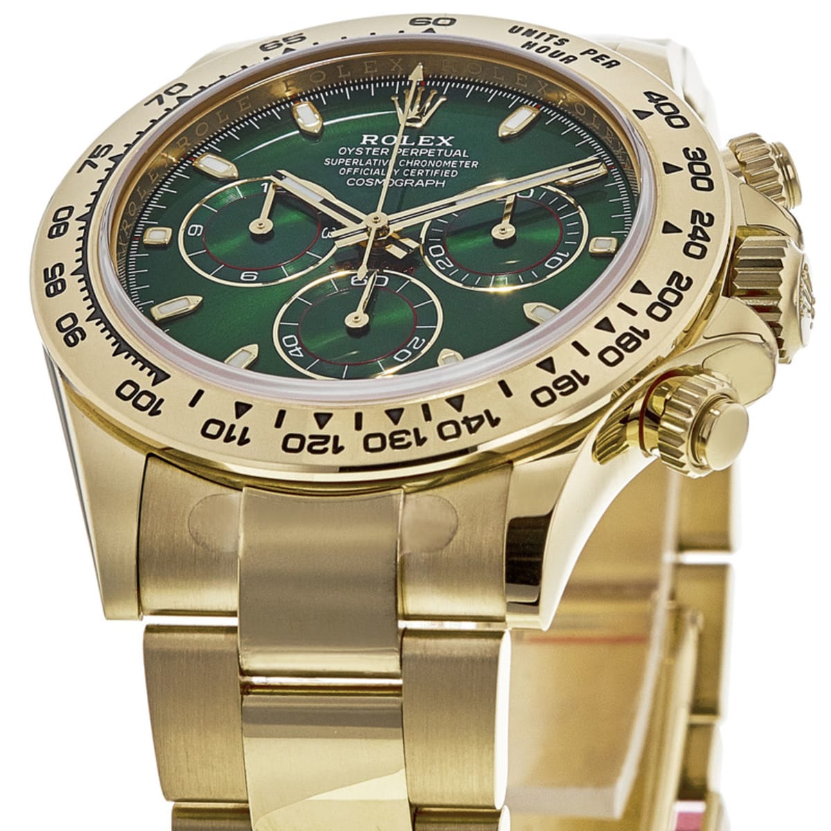 Rolex Cosmograph Daytona 18K Yellow Gold Watch Green Dial Oyster Bracelet 116508-0013