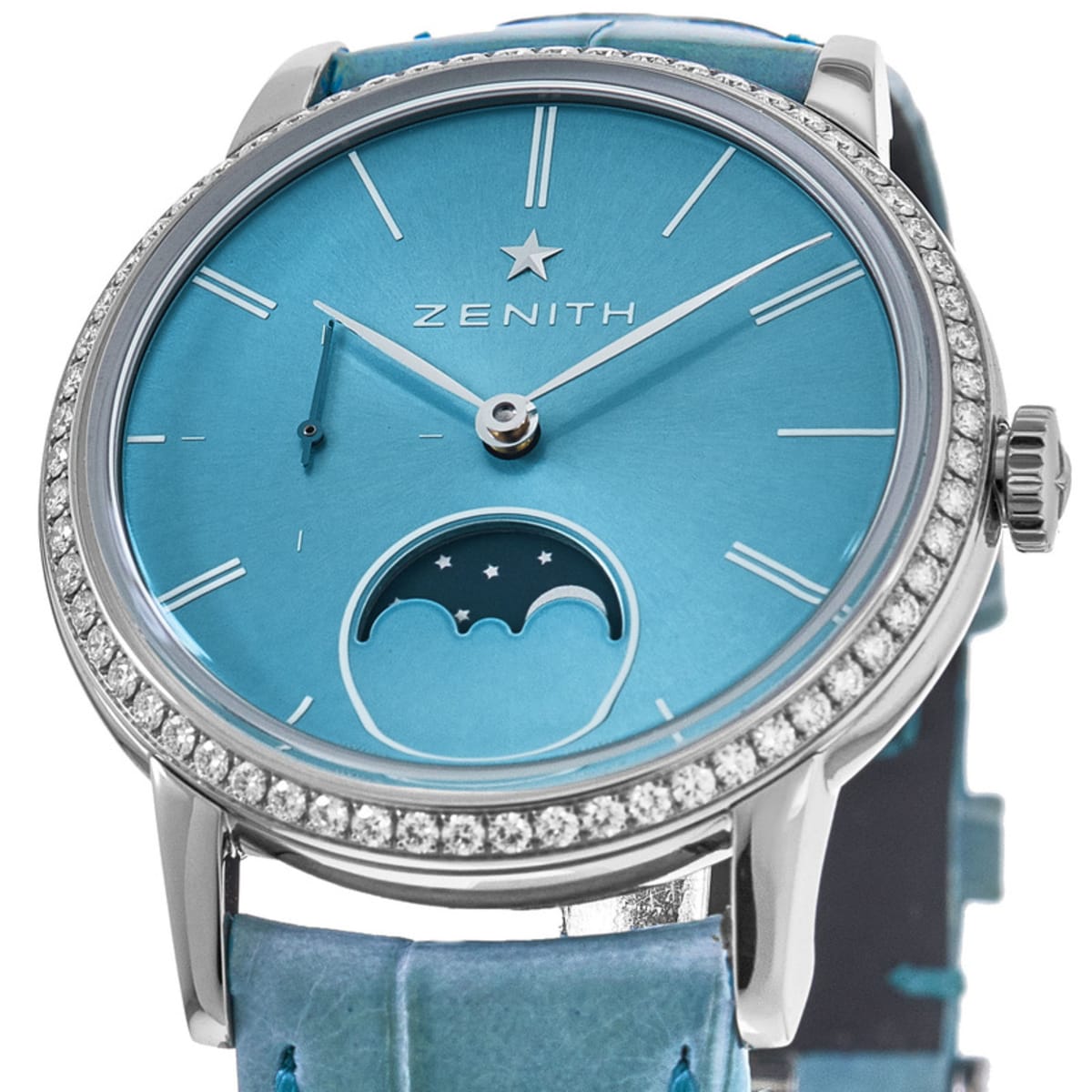 Zenith Elite Ultra Thin Lady Moonphase Turquoise Diamond Dial Turquoise Leather Women S Watch 16 2333 692 54 C817 Watchmaxx Com