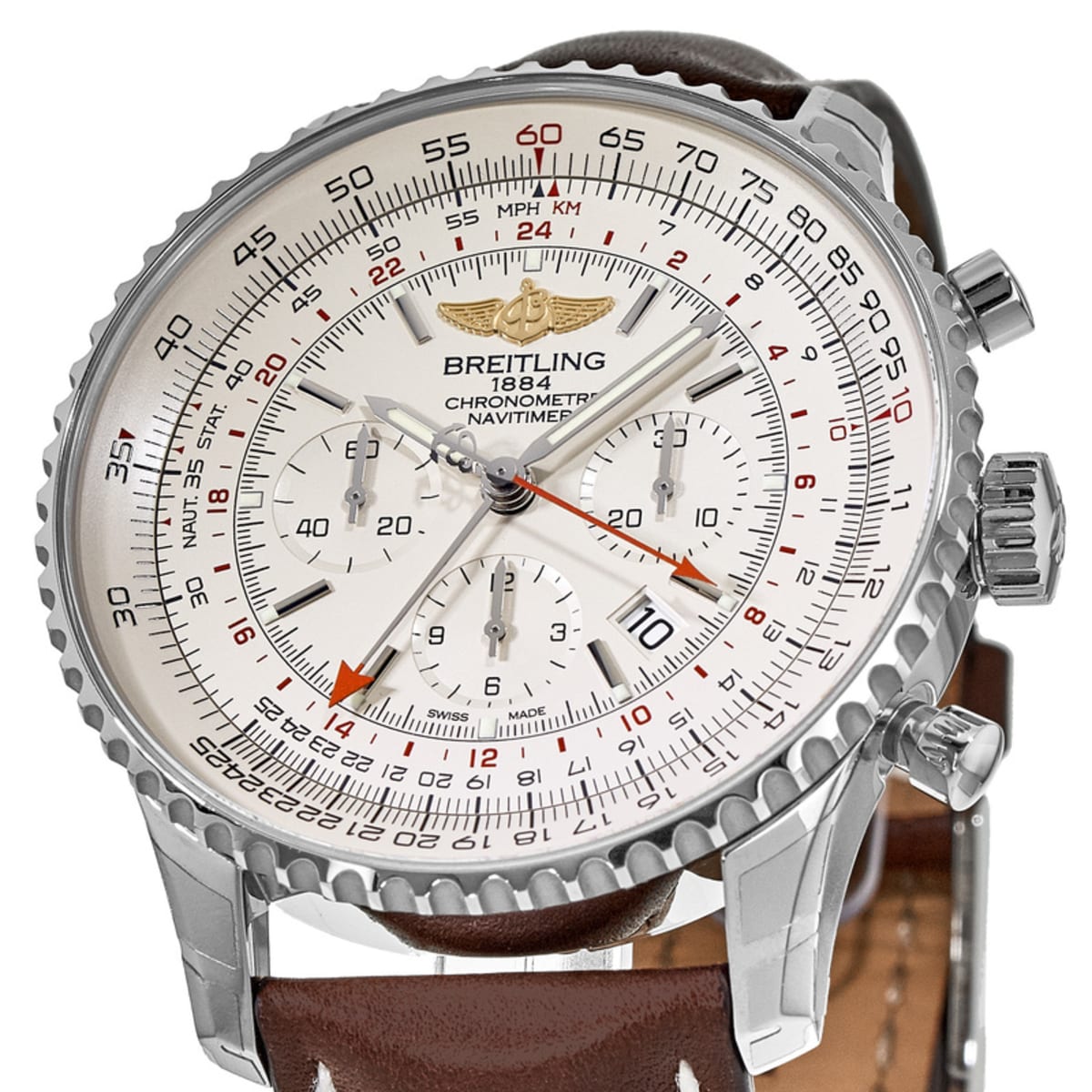 Breitling Navitimer GMT 48 Silver Chronograph Dial Brown Leather Strap