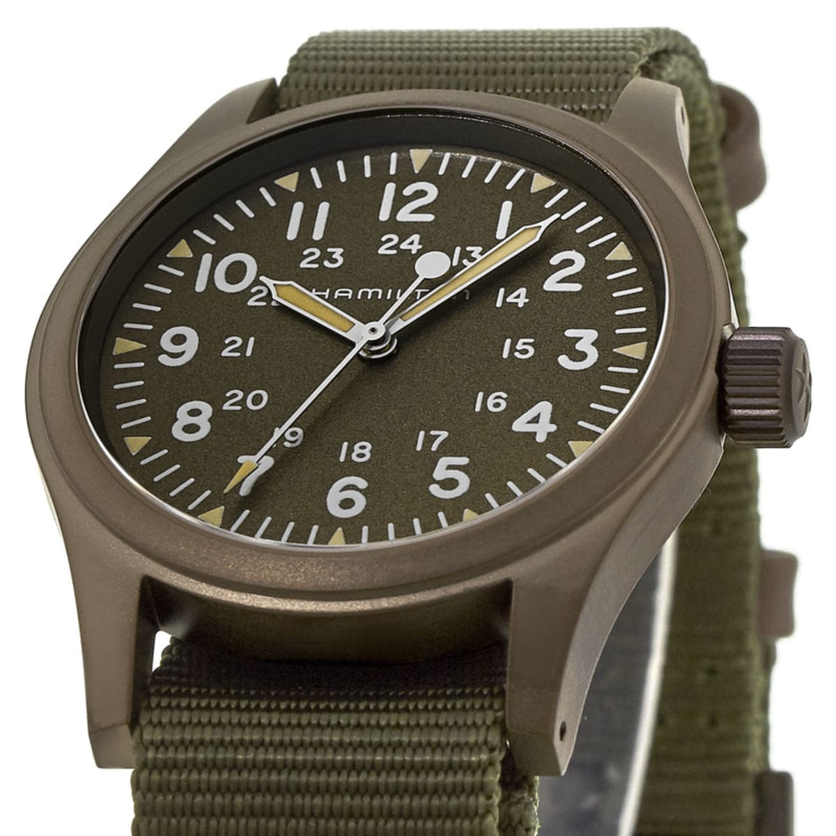 Hamilton Khaki Field Hand Wound Brown Dial Green Fabric Strap Men's Watch  H69449961