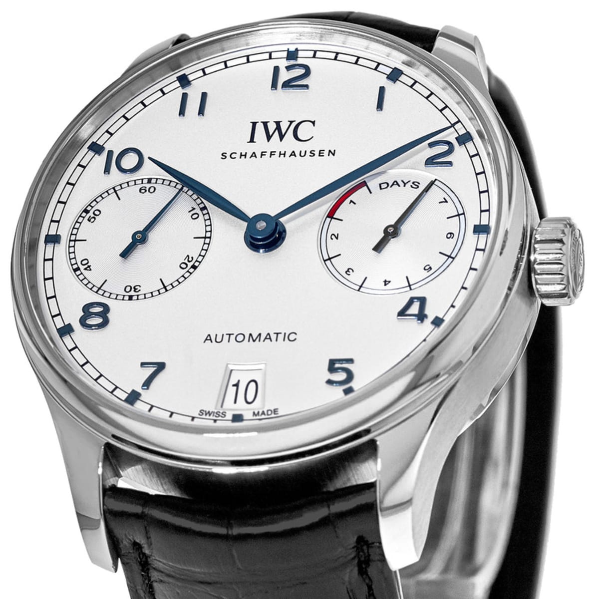 IWC Portugieser Automatic 7 Day Power Reserve Silver Blue Dial Leather