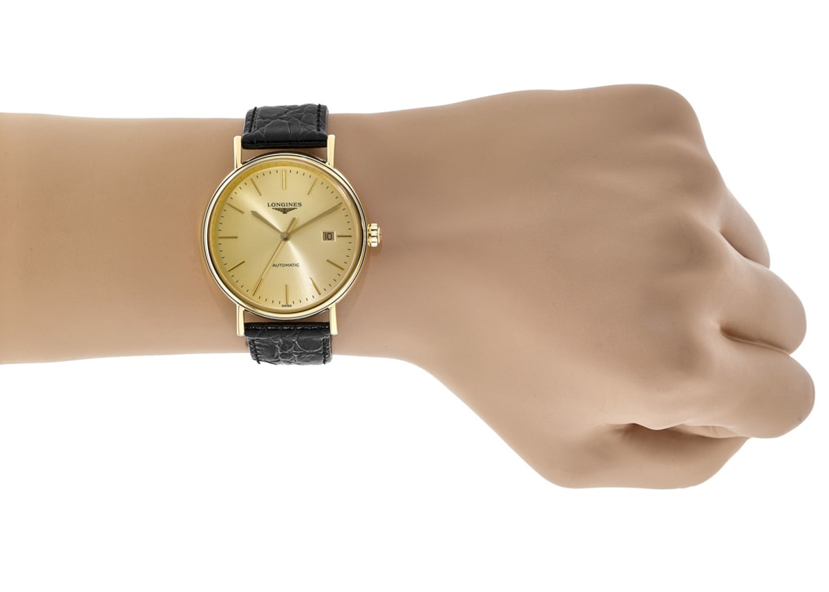 Longines Presence Automatic Gold Dial Black Leather Strap Men's