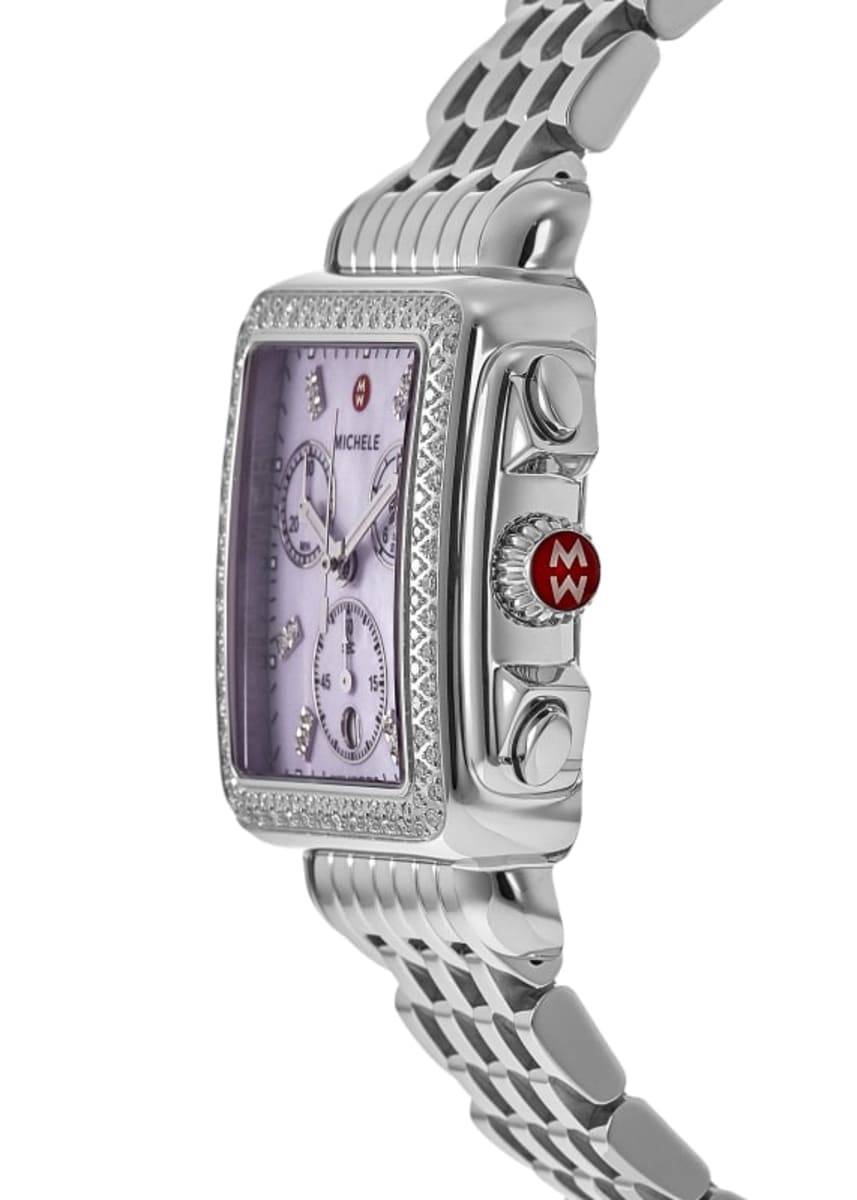 Michele Deco Purple Mother of Pearl Diamond Dial Stainless Steel 