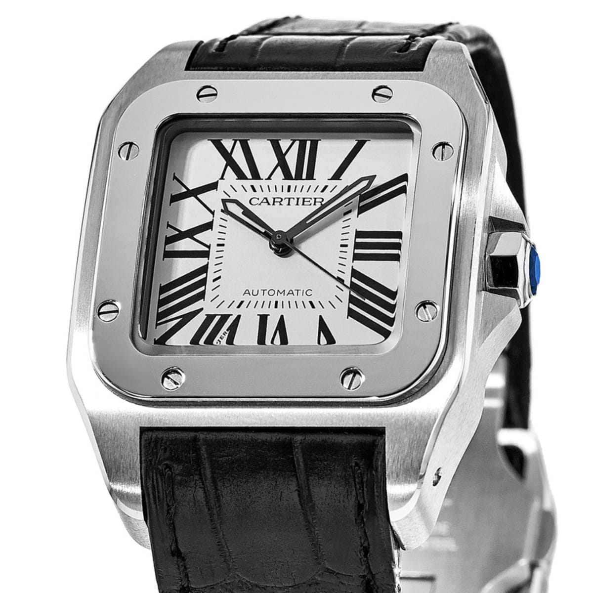 美品サントス 100 MM シルバー W20106X8 ユニセックス Cartier Santos 100 Automatic Midsize Silver Dial Black