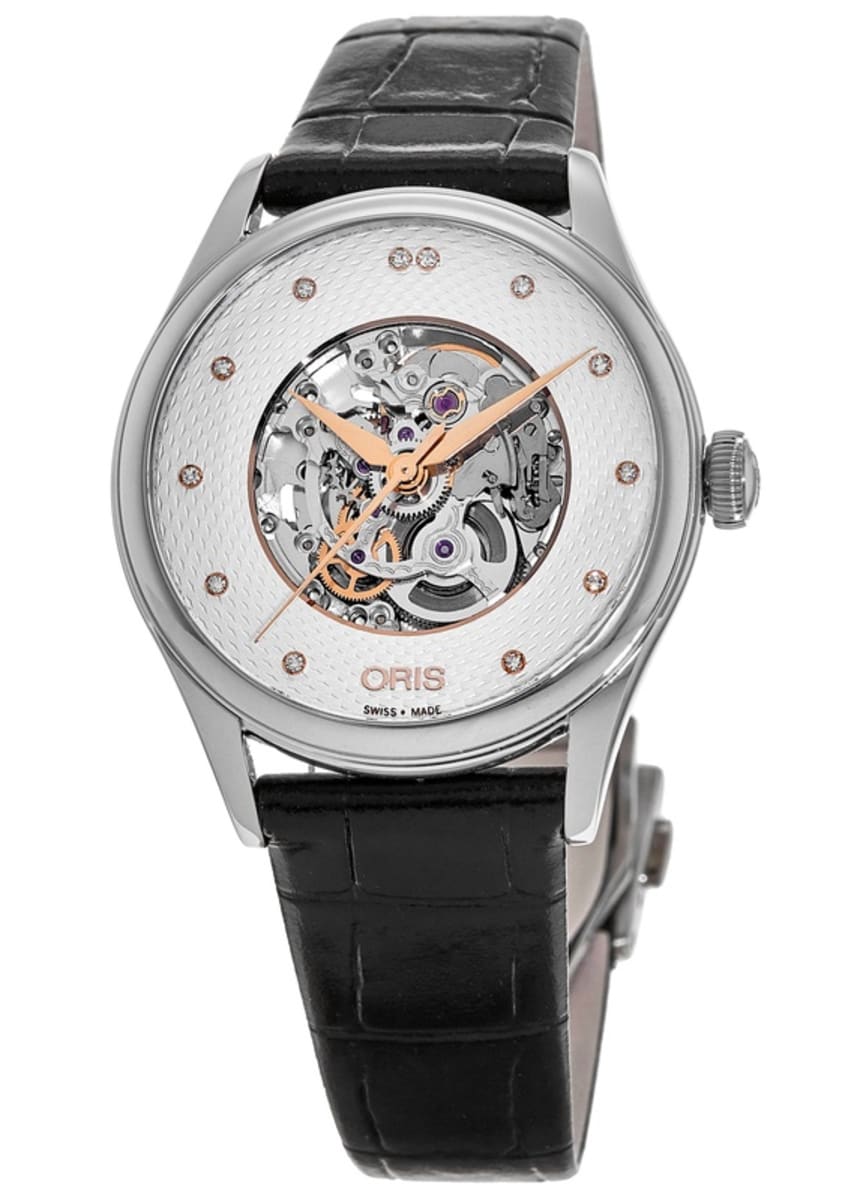 Oris Artelier Skeleton Silver Diamond Dial Black Leather Strap Women's  Watch 01 560 7724 4031-07 5 17 64FC