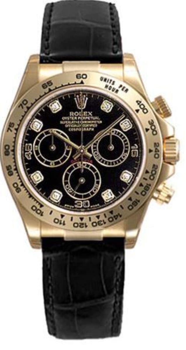 Men's Rolex 40mm Daytona 18K Yellow Gold Watch with Black Leather Strap and White Dial. (Pre-Owned 116518)