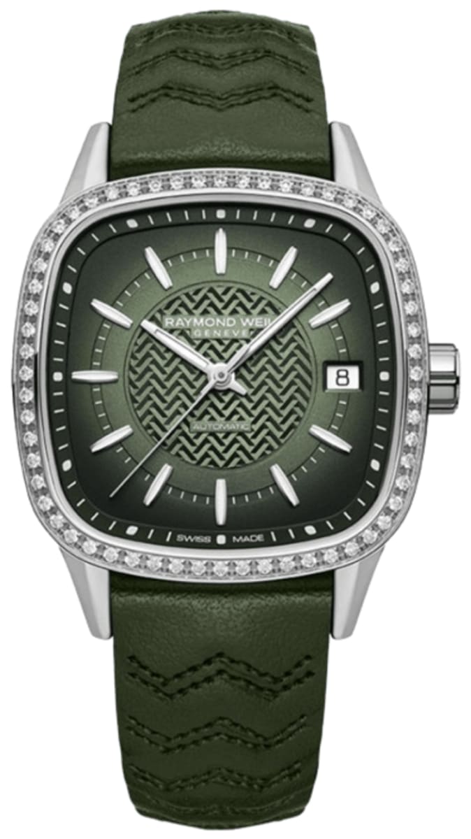 Raymond Weil Freelancer Automatic Green Dial Diamond Bezel Leather Strap  Women's Watch 2490-SCS-52051