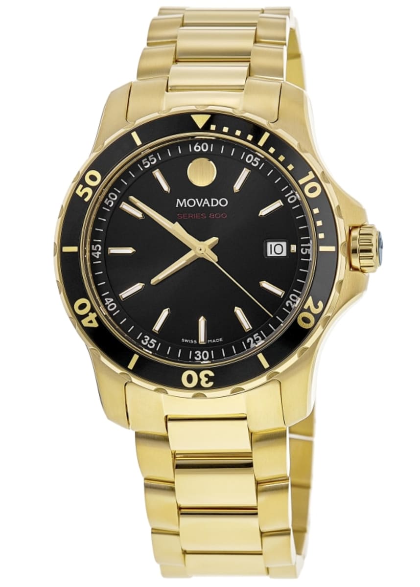 Movado Series 800 Black Dial Yellow Gold Tone Men\'s Watch 2600145